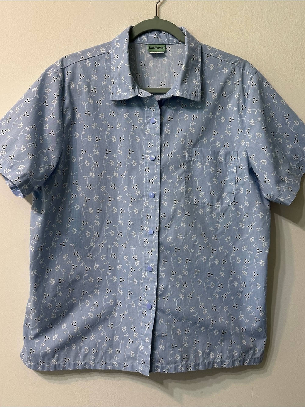 Sara Morgan Blue/White Floral Collared Button-Up Short Sleeve Top Women's L
